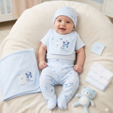 H14873NB: Baby Boys Bear 10 Piece Mesh Bag Gift Set (NB-6 Months)