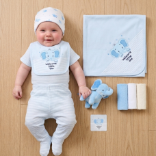 H14882NB: Baby Boys Elephant 10 Piece Mesh Bag Gift Set (NB-6 Months)