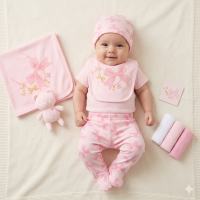 H14897NB: Baby Girls Teddy & Bows 10 Piece Mesh Bag Gift Set (NB-6 Months)