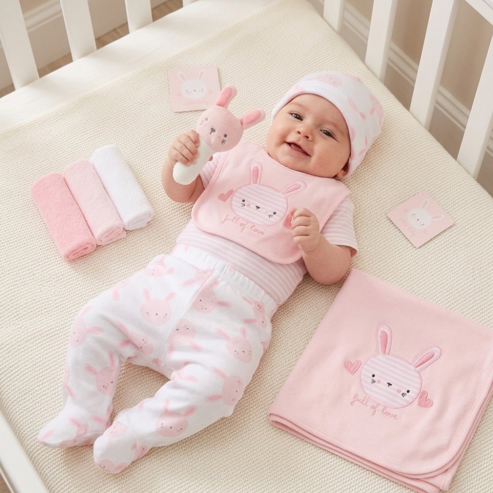 H14915NB: Baby Girls Bunny 10 Piece Mesh Bag Gift Set (NB-6 Months) H14915NB: Baby Girls Bunny 10 Piece Mesh Bag Gift Set (NB-6 Months)