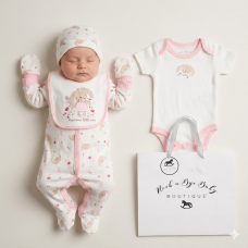 H15038NB: Baby Girls Bunny 6 Piece Mesh Bag Gift Set (NB-6 Months)