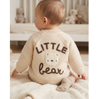 H15235NB: Baby Cream Cotton Knit Cardigan With Embroidery Detail- Little Bear (0-12 Months)