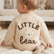 H15235NB: Baby Cream Cotton Knit Cardigan With Embroidery Detail- Little Bear (0-12 Months)