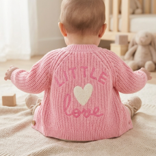 H15236NB: Baby Pink Cotton Knit Cardigan With Embroidery Detail- Little Love (0-12 Months)