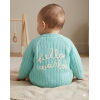H15238NB: Baby Mint Cotton Knit Cardigan With Embroidery Detail- Hello World (0-12 Months)