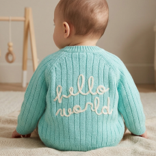 H15238NB: Baby Mint Cotton Knit Cardigan With Embroidery Detail- Hello World (0-12 Months)