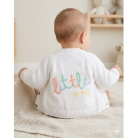 H15239NB: Baby White Cotton Knit Cardigan With Embroidery Detail- Little One (0-12 Months)