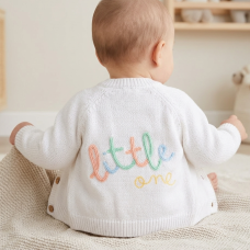H15239NB: Baby White Cotton Knit Cardigan With Embroidery Detail- Little One (0-12 Months)