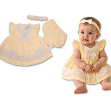 BIS-2120-6361: Baby Dress, Pant & Headband Set- Lemon (NB-6 Months)