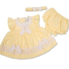 BIS-2120-6361: Baby Dress, Pant & Headband Set- Lemon (NB-6 Months)