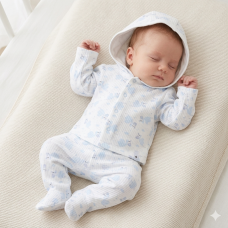 J13801:  Baby Boys Stork Ribbed AOP Jacket & Footed Pant Outfit (0-6 Months)