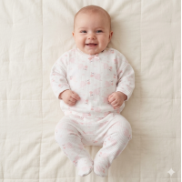 J13807: Baby Girls Stork Ribbed AOP Top & Footed Pant Outfit (0-6 Months)