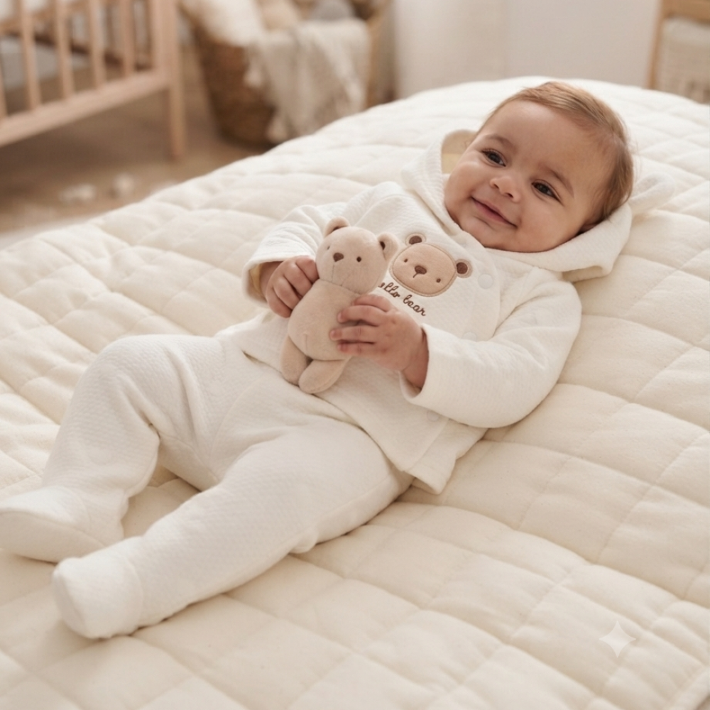 J15343: Baby Unisex Quilted Jacquard Jacket & Footed Trousers Outfit With Plush Bear Toy (NB-6 Months) J15343: Baby Unisex Quilted Jacquard Jacket & Footed Trousers Outfit With Plush Bear Toy (NB-6 Months)
