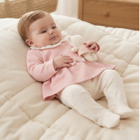J15419: Baby Girls Quilted Jacquard Top With Puff Hem  & Footed Trousers Outfit With Plush Bear Toy (3-6 Months)