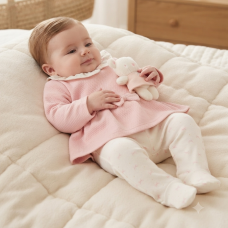 J15419: Baby Girls Quilted Jacquard Top With Puff Hem  & Footed Trousers Outfit With Plush Bear Toy (3-6 Months)