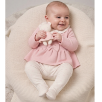 J15419: Baby Girls Quilted Jacquard Top With Puff Hem  & Footed Trousers Outfit With Plush Bear Toy (3-6 Months)