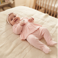 J15500: Baby Girls Ribbed Velour Top With Padded Applique Bear In Pocket & Footed Trousers Outfit With Headband (3-6 Months)