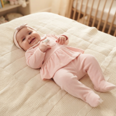 J15500: Baby Girls Ribbed Velour Top With Padded Applique Bear In Pocket & Footed Trousers Outfit With Headband (3-6 Months)