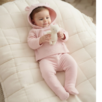 J16232: Baby Girls Quilted Jacquard Jacket & Footed Trousers Outfit With Plush Bear Toy (3-6 Months)