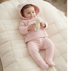 J16232: Baby Girls Quilted Jacquard Jacket & Footed Trousers Outfit With Plush Bear Toy (3-6 Months)
