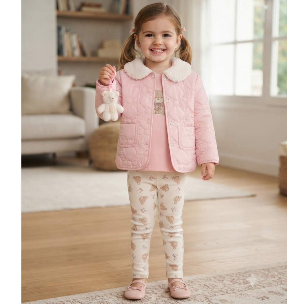 J16450: Girls Quilted Jacket, Top & Leggings Outfit With Bear Keyring (3-4 Years) J16450: Girls Quilted Jacket, Top & Leggings Outfit With Bear Keyring (3-4 Years)