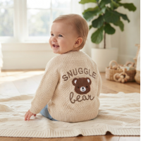 J16586: Baby Cotton Knit Cardigan With Embroidery Detail- Snuggle Bear  (0-12 Months)