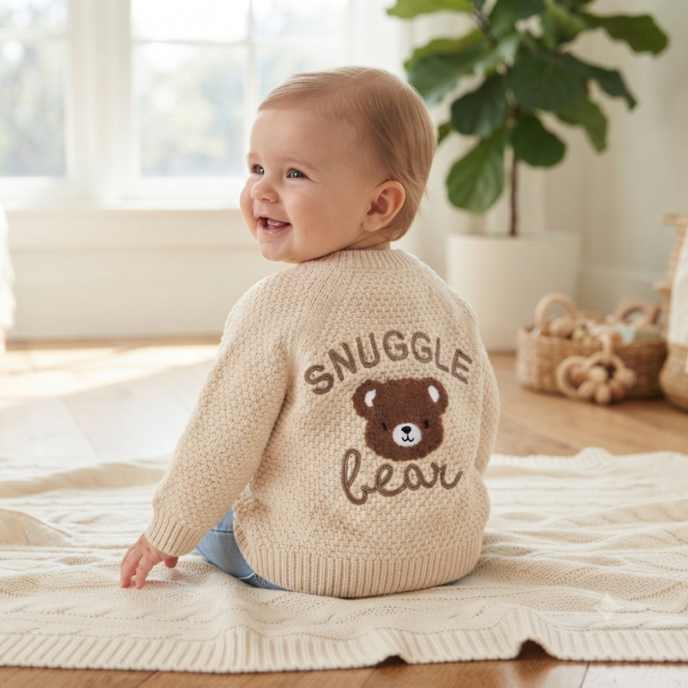 J16586: Baby Cotton Knit Cardigan With Embroidery Detail- Snuggle Bear (0-12 Months) J16586: Baby Cotton Knit Cardigan With Embroidery Detail- Snuggle Bear (0-12 Months)