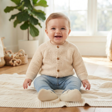 J16586: Baby Cotton Knit Cardigan With Embroidery Detail- Snuggle Bear  (0-12 Months)