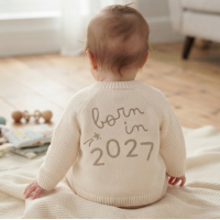J16589: Baby Cream Cotton Knit Cardigan With Embroidery Detail- Born In 2027  (0-12 Months)