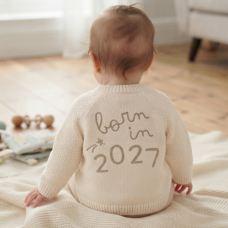 J16589: Baby Cream Cotton Knit Cardigan With Embroidery Detail- Born In 2027  (0-12 Months)