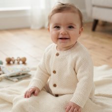 J16589: Baby Cream Cotton Knit Cardigan With Embroidery Detail- Born In 2027  (0-12 Months)