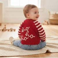 J16590: Baby Christmas Cotton Knit Cardigan With Embroidery Detail- Ho Ho Ho  (0-12 Months)