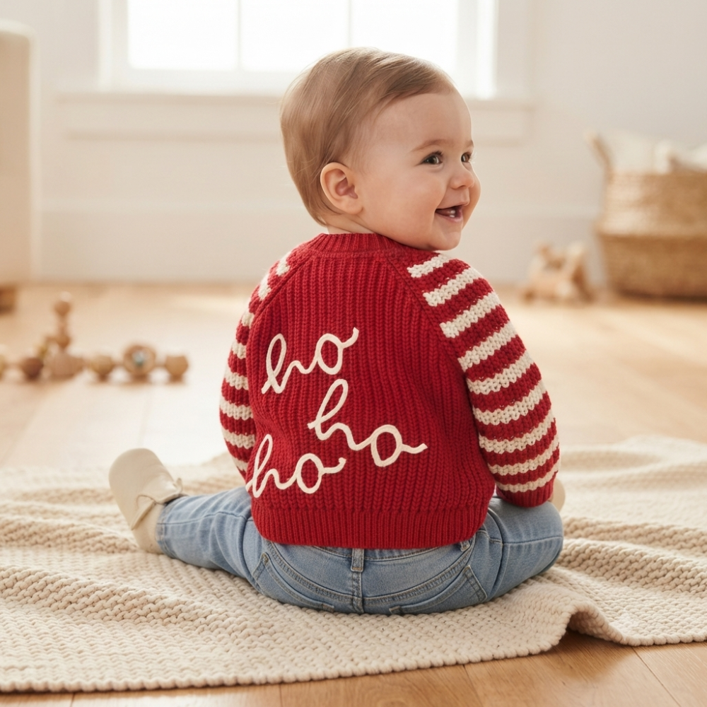 J16590: Baby Christmas Cotton Knit Cardigan With Embroidery Detail- Ho Ho Ho (0-12 Months) J16590: Baby Christmas Cotton Knit Cardigan With Embroidery Detail- Ho Ho Ho (0-12 Months)