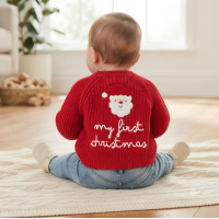 J16591: Baby Christmas Cotton Knit Cardigan With Embroidery Detail- My First Christmas  (0-12 Months)