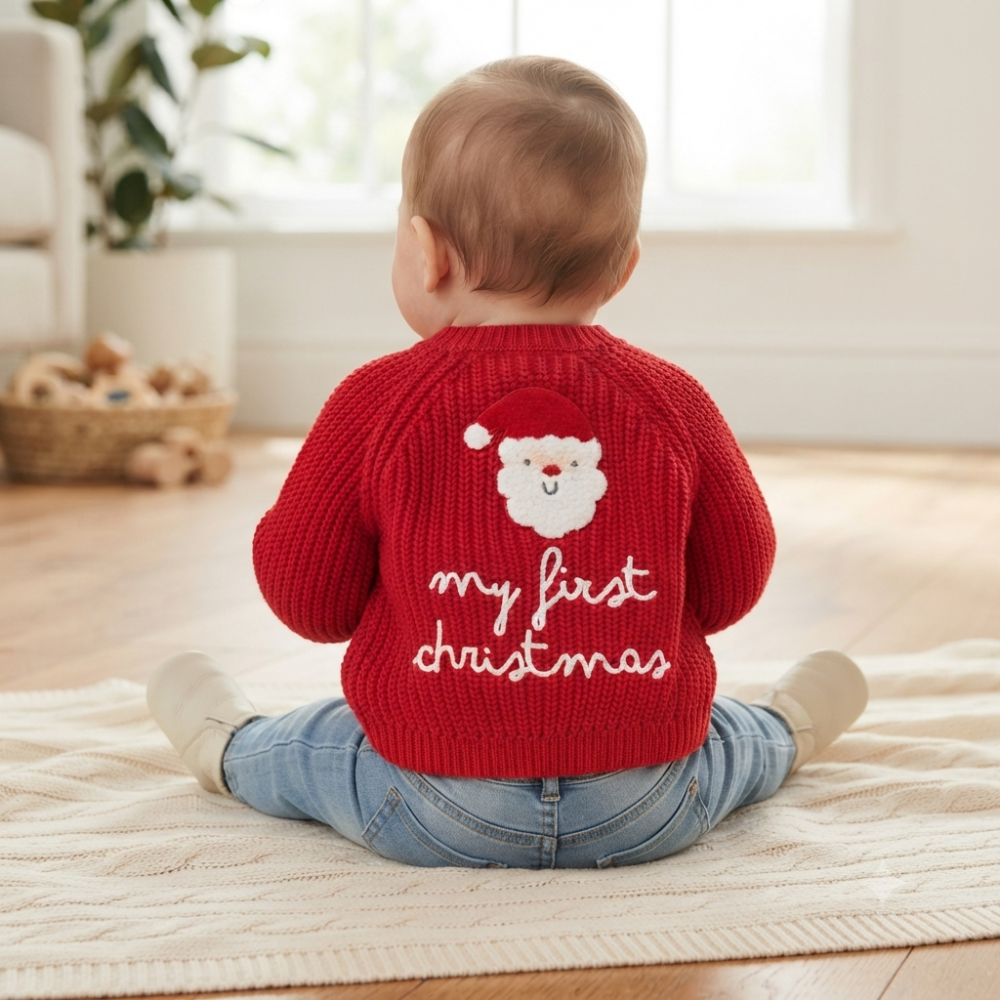 J16591: Baby Christmas Cotton Knit Cardigan With Embroidery Detail- My First Christmas (0-12 Months) J16591: Baby Christmas Cotton Knit Cardigan With Embroidery Detail- My First Christmas (0-12 Months)