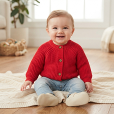 J16591: Baby Christmas Cotton Knit Cardigan With Embroidery Detail- My First Christmas  (0-12 Months)