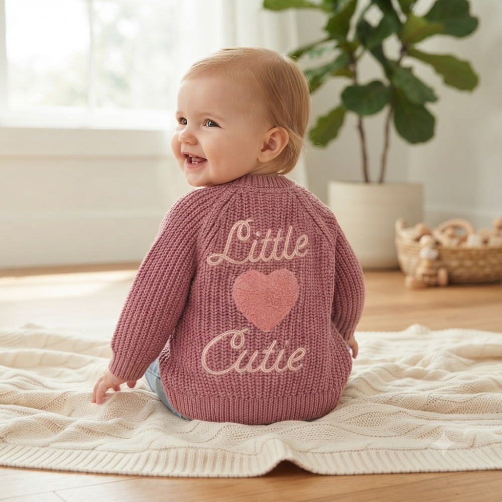 J16592: Baby Cotton Knit Cardigan With Embroidery Detail- Little Cutie (0-12 Months) J16592: Baby Cotton Knit Cardigan With Embroidery Detail- Little Cutie (0-12 Months)