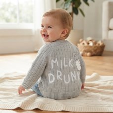 J16596: Baby Cotton Knit Cardigan With Embroidery Detail- Milk Drunk  (0-12 Months)