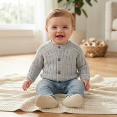 J16596: Baby Cotton Knit Cardigan With Embroidery Detail- Milk Drunk  (0-12 Months)
