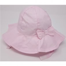 0338P: Baby Girls Poplin Wide Brim Hat With Bow & Chin Strap- Pink (6-18 Months)