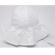 0338W: Baby Girls Poplin Wide Brim Hat With Bow & Chin Strap- White (6-18 Months)