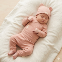 KW05108: Baby Pink Organic 3 Piece Ribbed Outfit (0-6 Months)