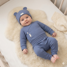 KW05111: Baby Dusky Blue Organic 3 Piece Ribbed Outfit (0-6 Months)