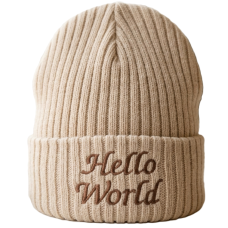 KW117: Baby Embroidered Hello World Knitted Hat- Beige (Newborn -3 Months)