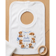 KWB134: Hello World Highland Cows Over Head Bib- Sky