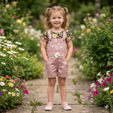 LL02: Girls T-Shirt & Dungaree Outfit- Lemon Floral (2-6 Years)