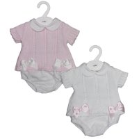 MC702-Pink: Baby Cotton Knit 2 Piece Set With Double Bows (0-9 Months)