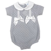MC705-Grey: Baby Double Bow Knitted Romper (0-9 Months)