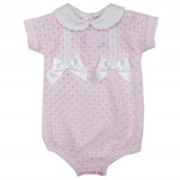 MC705-Pink: Baby Double Bow Knitted Romper (0-9 Months)