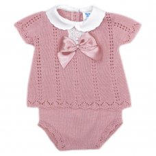 MC706-Dusky Pink: Baby Bow & Lace Knitted 2 Piece Set (0-9 Months)